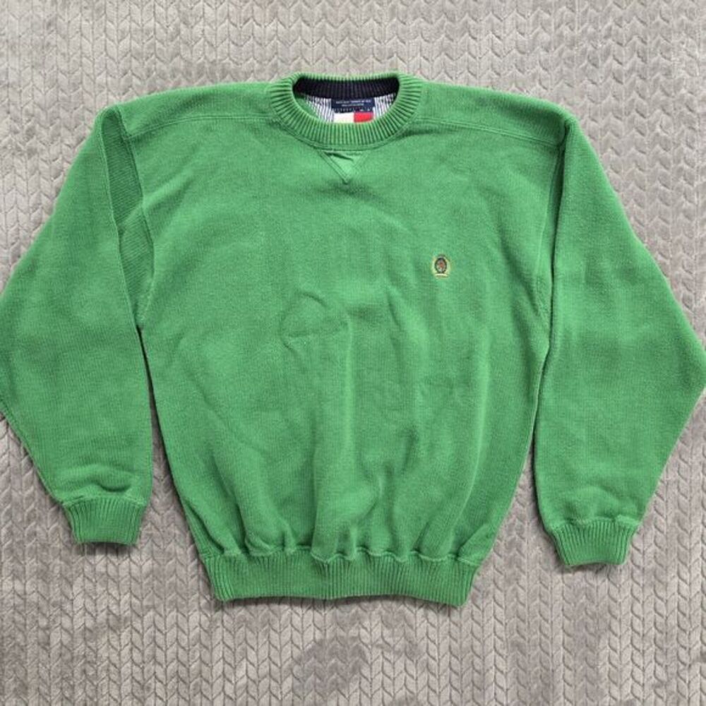 Tommy Hilfiger Men's Signature Crew Neck Sweater Large Green Heavyweight Vintage